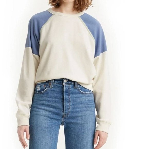 Womens Levis Sweatshirt Cream Blue Small Fleece Colorblock Crewneck Long Sleeve - Picture 1 of 5